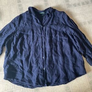 Lauren Ralph Lauren Navy Blue Linen Button down Blouse 3/4 sleeve